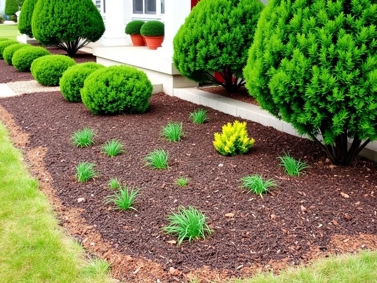 Maintained garden beds with trimmed shrubs and fresh mulch along a house foundation.