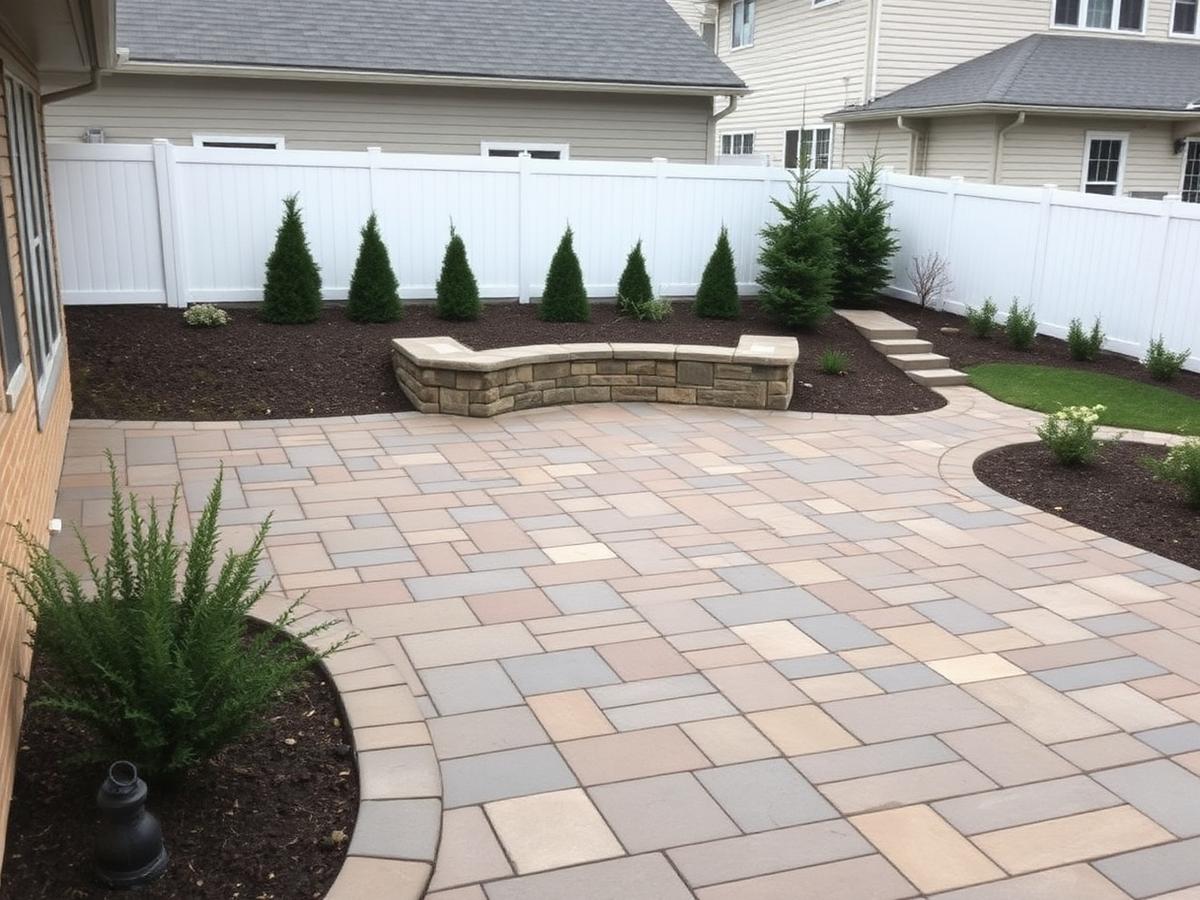 Interlocking stone patio with a low seating wall and planted borders in a backyard.